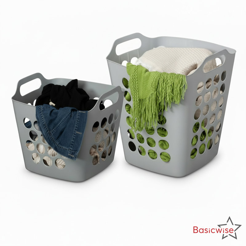 Basicwise Set Of 2 Plastic Laundry Baskets With Handles Large & Small Ventilated Hampers For Clothes Storage & Organization Lightweight Stackable Bins For Bedroom Bathroom Dorm And Washing Area, Grey