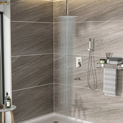 Brushed Nickel Shower System With Waterfall Tub Spout - 12" Ceiling Mount Square 3 Function, Rainfall & Handheld -balanced Valve Easy Install And Hygiene Assurance Uncomplicated