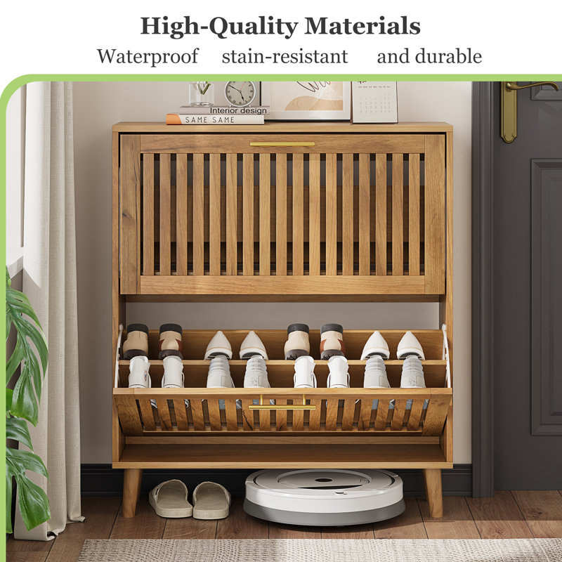 Wooden Shoe Cabinet for Entryway, 16-24 Pairs Shoe Organizer with Flip Drawer and Adjustable Shelves, Oak