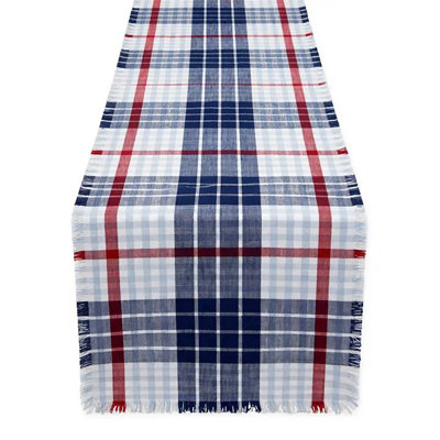 Patriotic Table Runner 14" W X 72" L, Blue Multi Plaid Cotton Table Cover With Fringe