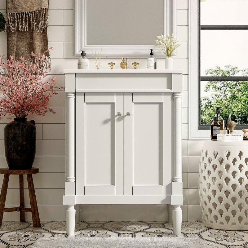 Meuble-lavabo 24 po avec lavabo supérieur, meuble de rangement moderne à 2 niveaux, meuble-lavabo simple, grandes tablettes de rangement