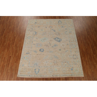 Tapis beige en laine noué à la main de conception unique 8 pi 2 po x 9 pi 10 po New Age
