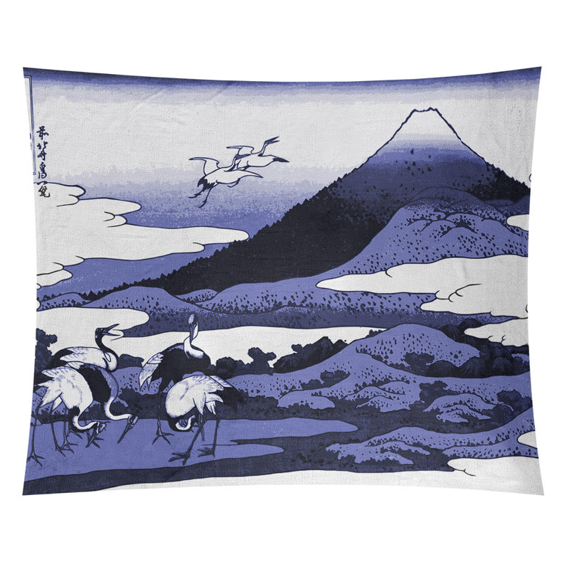 Tapisserie de grues japonaises dans des tons chauds, Intérieur / extérieur, H 60,5 po x l 81,5 po