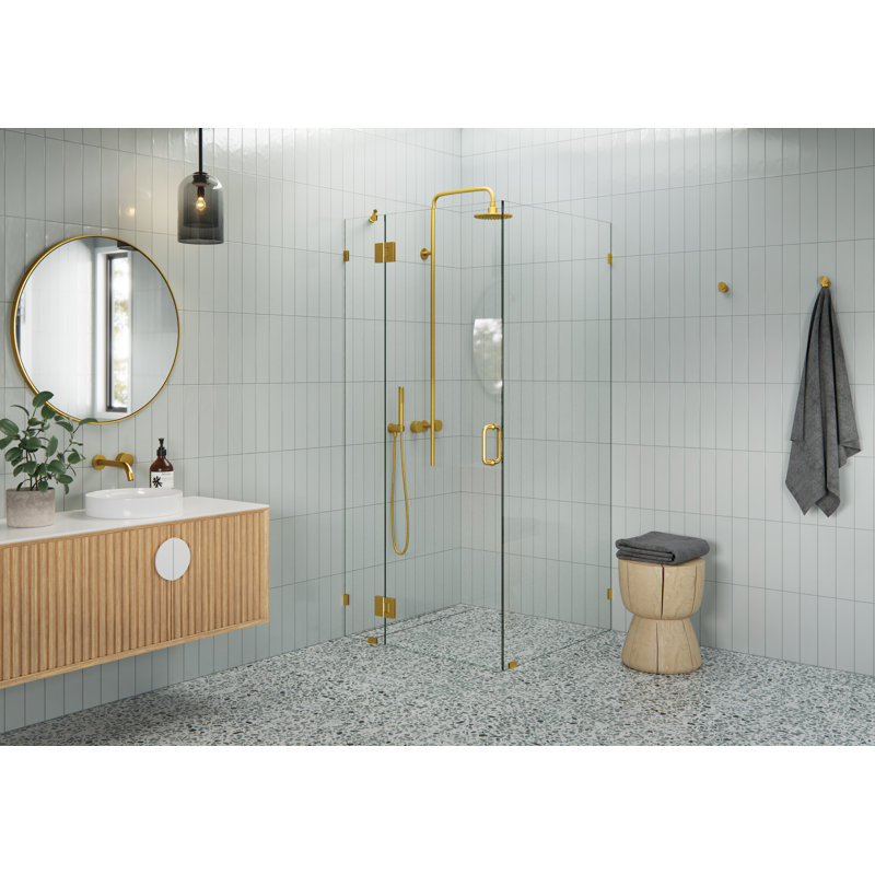 Halo 34.5 in. x 34.5 in. x 78 in. 90-degree Fully Frameless Glass Hinged Shower Enclosure, Satin Brass