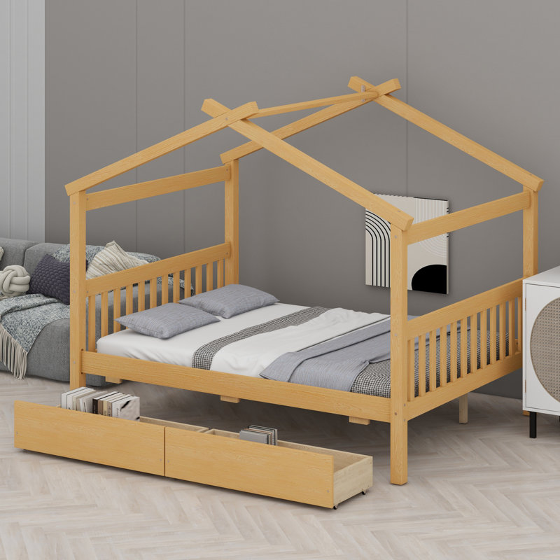 Lit en bois avec tiroirs, Naturel