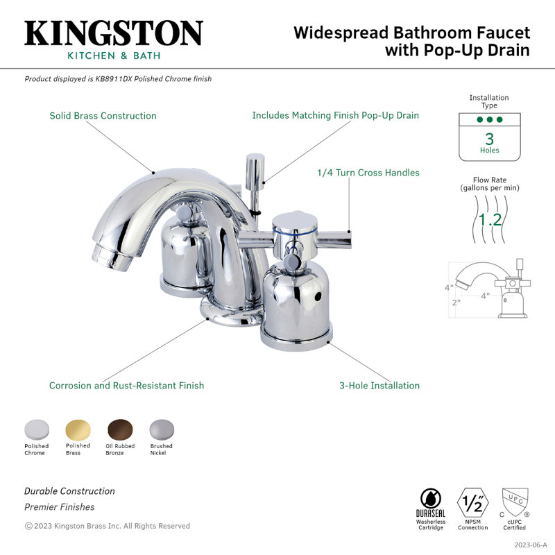 Robinet de salle de bain espacé Kingston, Laiton poli