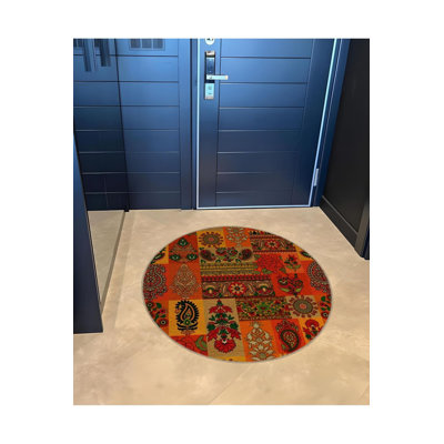 Round Orange Tone Ethnic Patterned Modern Decorative Machine Washable Rug