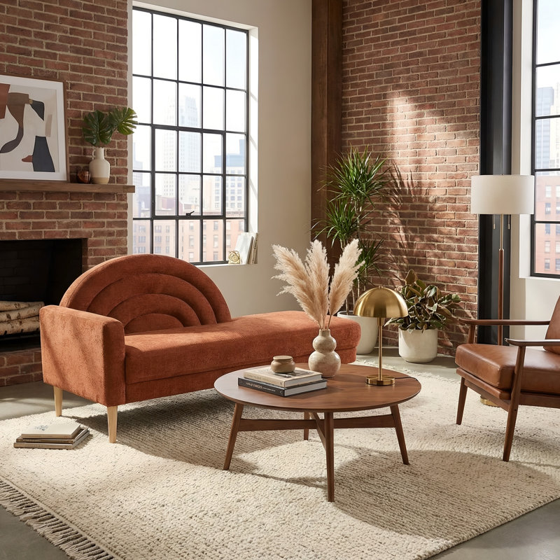 Rainbow-Inspired Linen Upholstered Chaise Lounge with Curved Backrest, Ocher