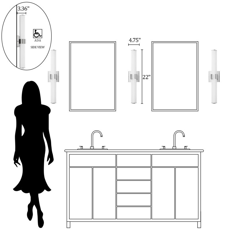 Barre d'éclairage de salle de bain à DEL à intensité variable 23 po Jesseray, Nickel, H 4,7 po x l 22,8 po x P 3,6 po