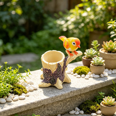 Articles décoratifs miniatures en résine, souches d'arbres, jardinières à thème oiseau, décor paysager, plantes d'intérieur, pots et ornements décoratifs, supports pour plantes d'intérieur.