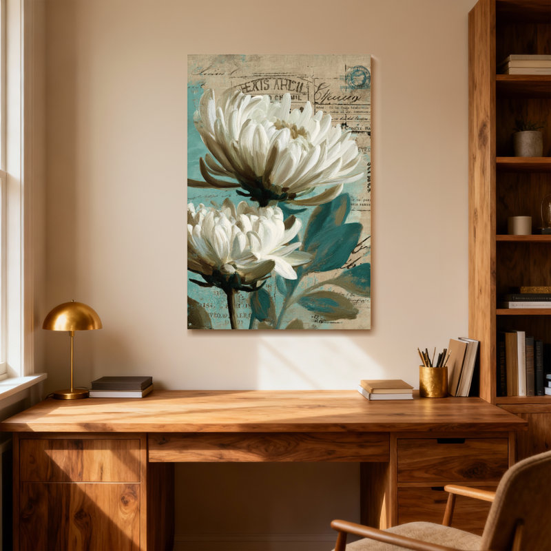Plantes et fleurs Fleurs blanches sur fond rétro avec texte et accents bleus, H 12 po x l 18 po
