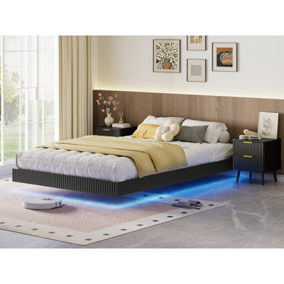 3-piece Bedroom Set, Queen Size Fluted Floating Bed Frame & 2 Nightstands, No Headboard, No Box Spring Needed