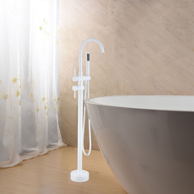 Baignoire autoportante à fixation au sol à deux poignées avec douche à main, Blanc