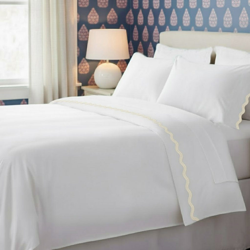 400TC Cotton Sateen Triple Scallop Embroidery Sheet Set, Ivory Border, Full Sheet Set