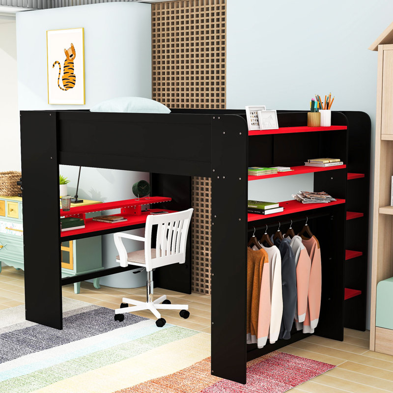 Lit mezzanine double en bois avec bureau intégré, rangement et éclairage RVB, Bleu