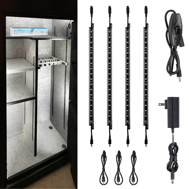 4 Pack 12" LED Safe Lighting Kit, Linkable Plug-in Gun Safe Light Bars, Rocker Switch, 600lm, UL Power Adapter, Input 100-240V, 5000K Daylight