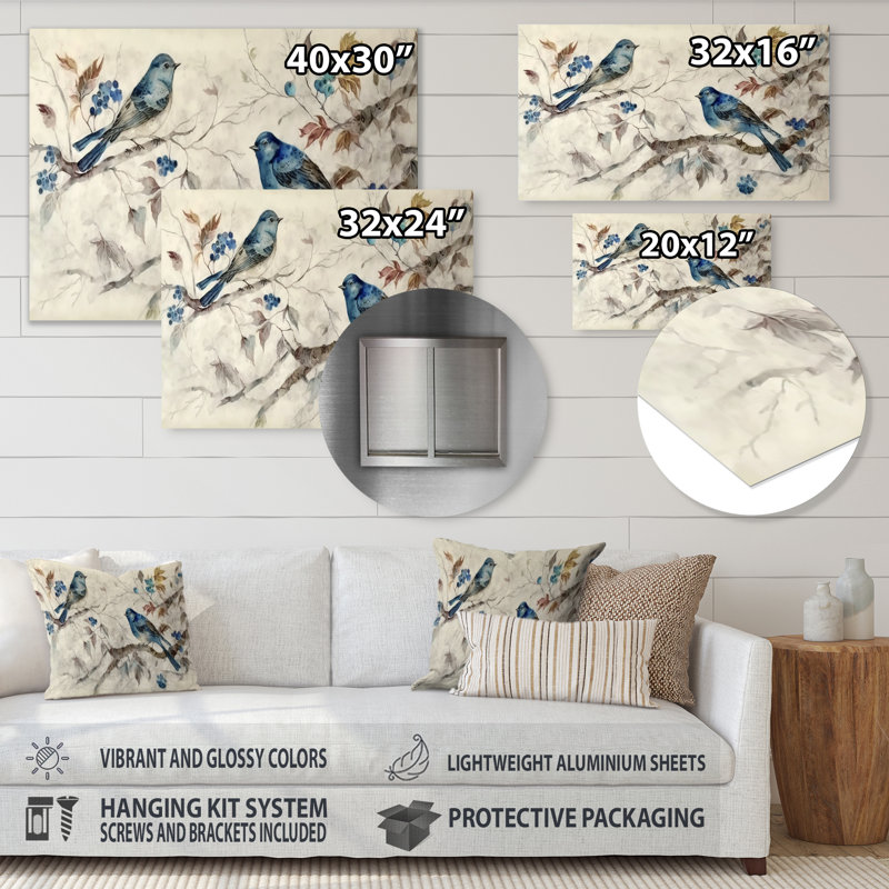 Décoration murale en métal deux oiseaux bleus assis sur une branche II - animaux oiseaux, H 12 po x l 20 po x P 1 po
