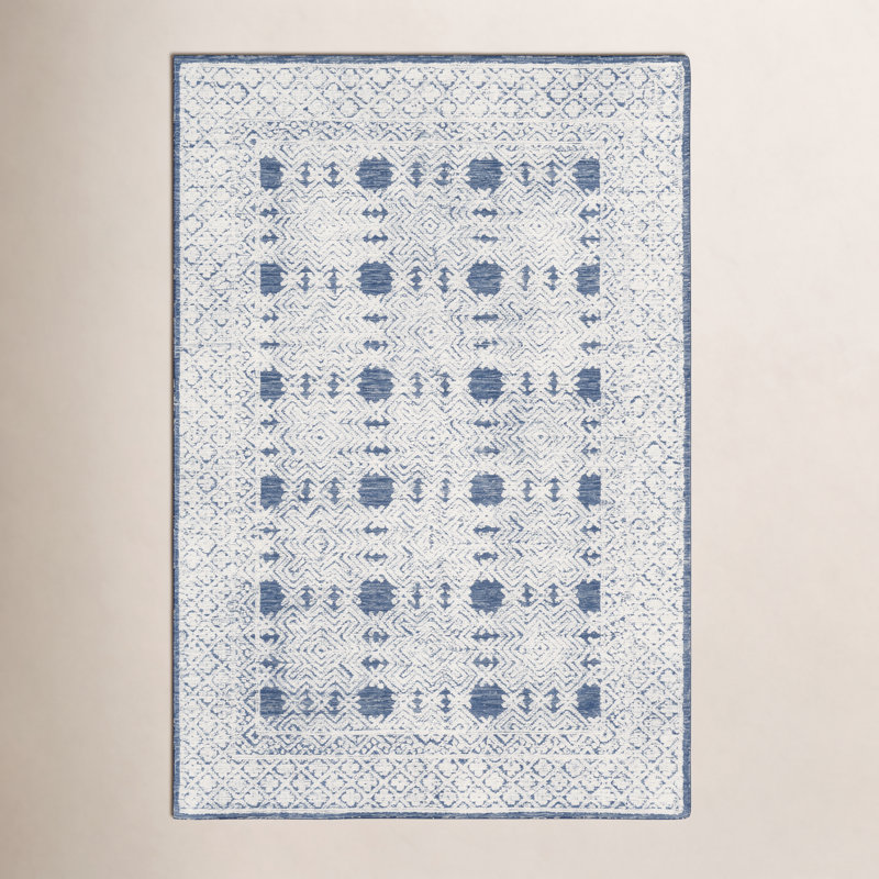 Tapis bleu marine / crème / bleu glace en laine touffeté à la main Matthew, Rectangle 4 pi x 6 pi