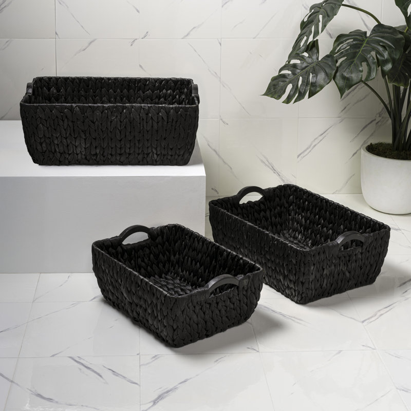 Astor Bohemian Farmhouse Handwoven Water Hyacinth Nesting Storage Baskets with Wood Handles (Set of 3), Black