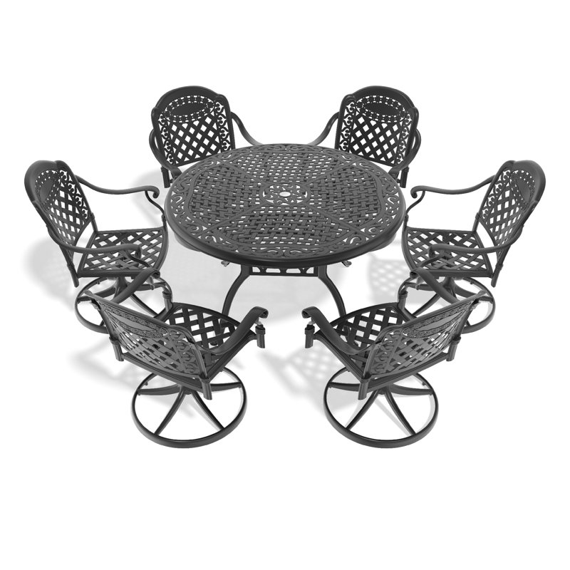 Ensemble de salle à manger 7 pièces en fonte d'aluminium toutes saisons, comprenant 6 chaises pivotantes et une table ronde de 48,03 po avec structure noire