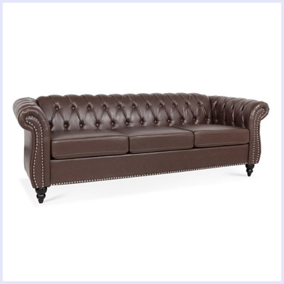 84.6" Faux Leather Upholstered Chesterfield Sofa Tufted Rolled-Arm 3-Seater Couch with Solid Wood Legs