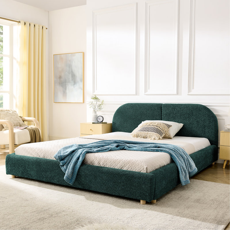 Grand lit, look minimaliste moderne, tête de lit courbée, tissu d'usure, base de lit, esthétique, confort, soutien, Vert
