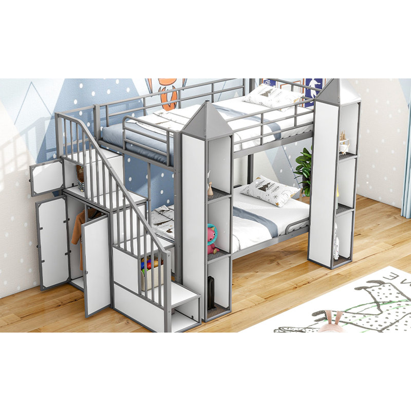 Lit superposé simple gris et blanc en métal avec garde-robe et rangement, pour le confort de la chambre à coucher