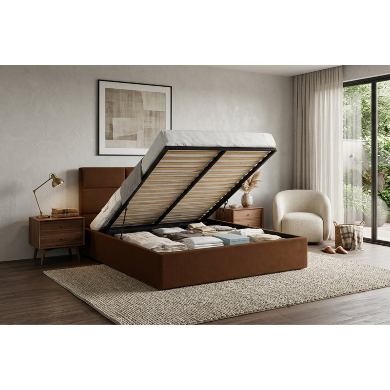 Upholstered Ottoman Storage Bed, European Kingsize (160 x 200 cm), Brown