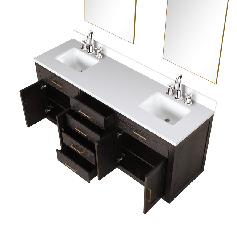 Ensemble de meuble-lavabo double 72 "avec miroir, Chêne noir, Marbre de culture blanc