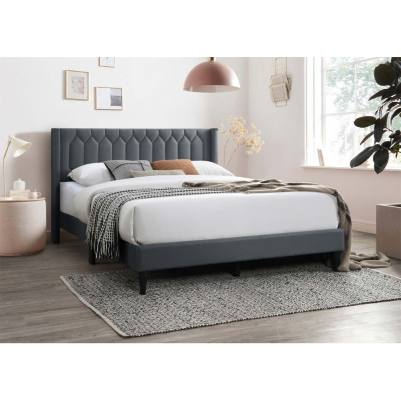 Lit moderne en tissu en toile de jute attrayant avec tête de lit et support plateforme uniques, Charcoal