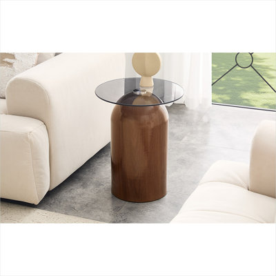 Table basse ronde en verre brun de ton bois, H 19,6 po, petite table d'appoint avec plateau en verre trempé pour un salon ou un bureau de style Mid-Century moderne