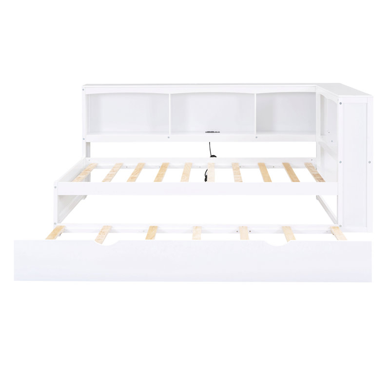 Lit de jour en métal avec lit gigogne, armoires de rangement et ports USB, Lit double, Blanc