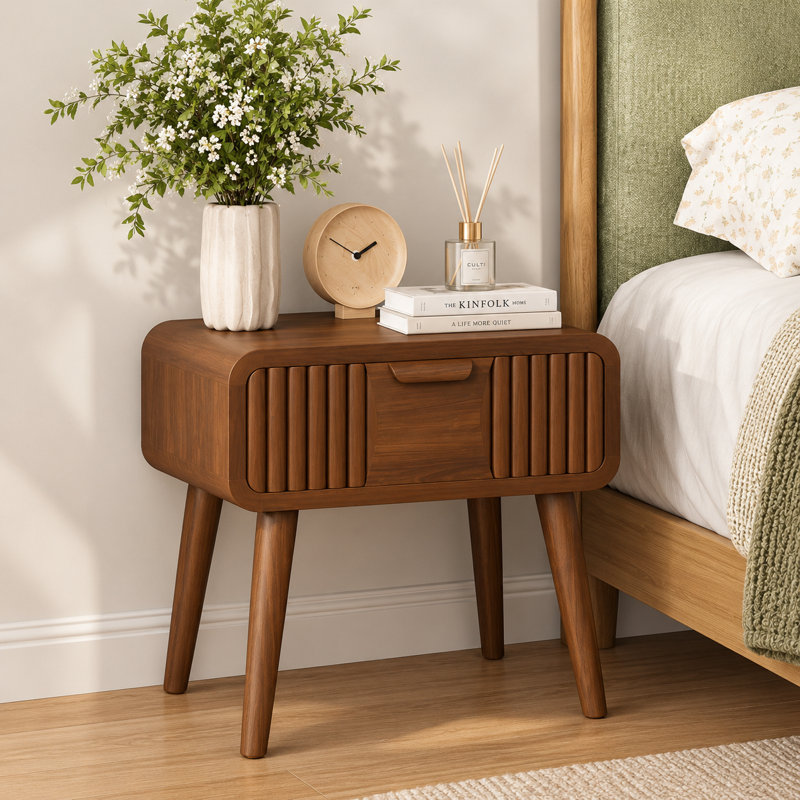 19.7" W Fluted Wooden Nightstand with Single Drawer