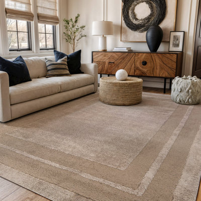 Solid Framed Border Warm Sand Beige Power Loomed Soft Shag High-Low Indoor Area Rug
