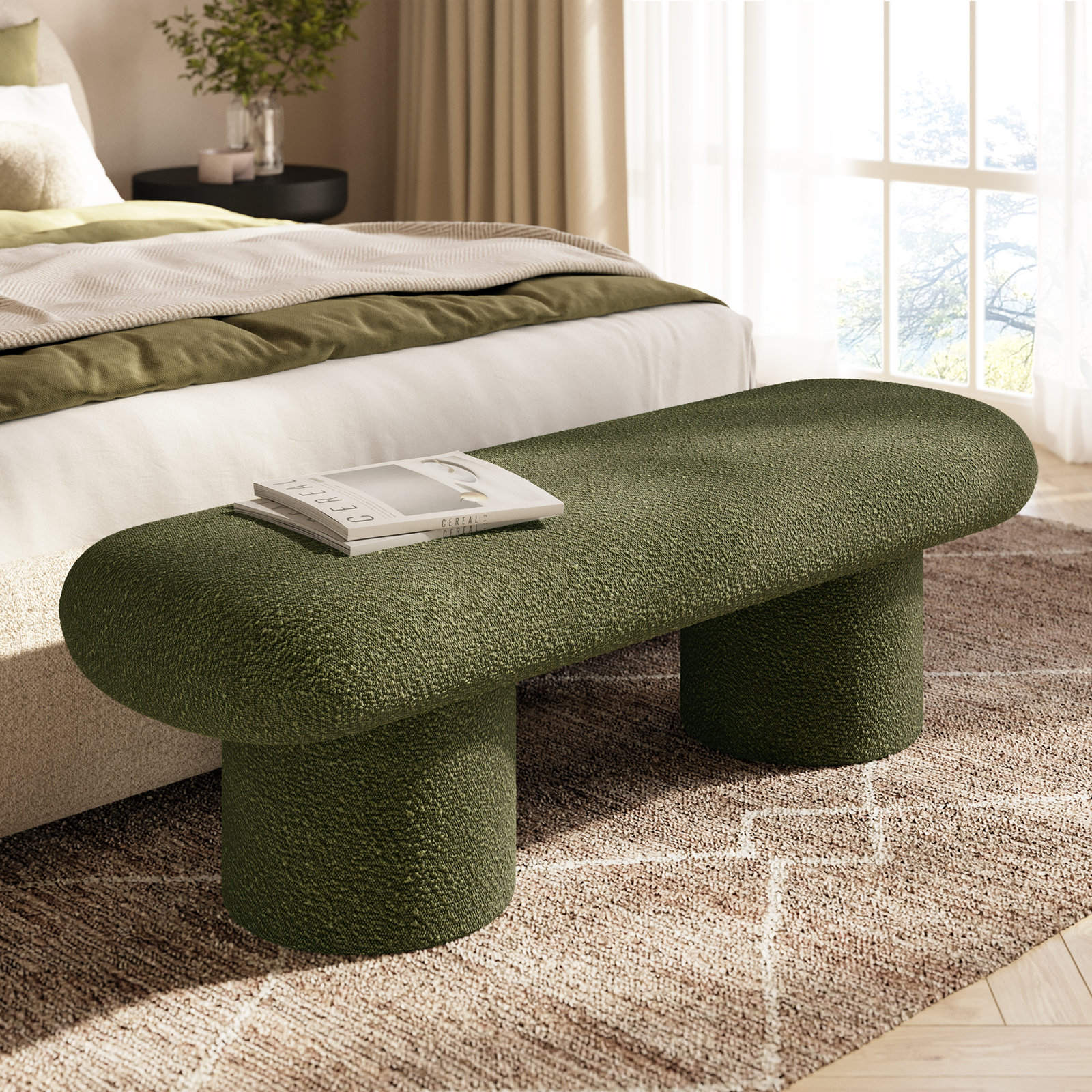 Anston 56" Bedroom Bench, Fern Green Boucle