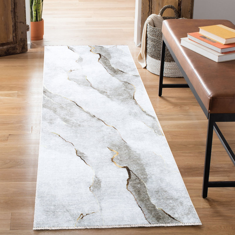 Washable Non-Slip Area Rug - Ivory / Gold Modern Abstract Area Rug for Living Room, Bedroom, Dining Room, and Kitchen