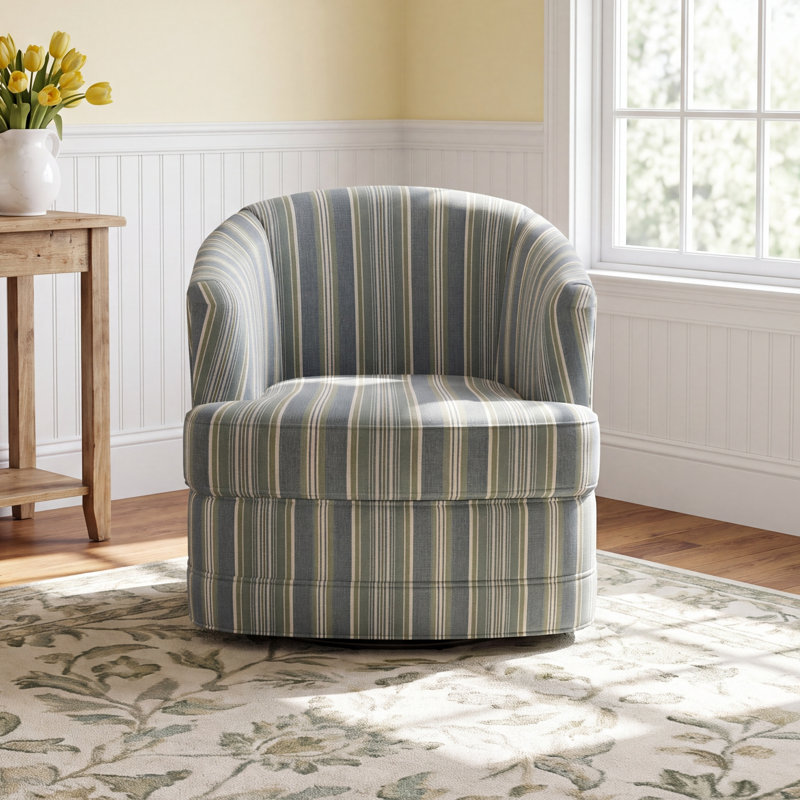 Magdaline Greyson 29" Wide Swivel Barrel Chair, Green and Blue Stripe; 0252-54