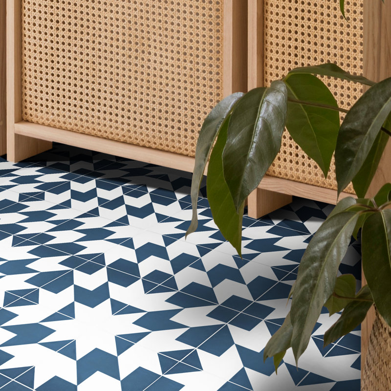 Oujda 8" x 8" Cement Patterned Wall & Floor Tile, Blue/White