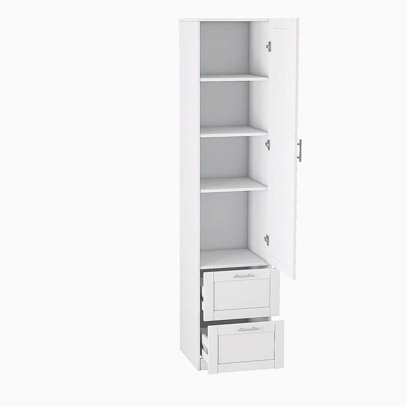 Élégant garde-manger autoportant avec une porte, deux tiroirs et des tablettes réglables pour un rangement polyvalent et une esthétique moderne