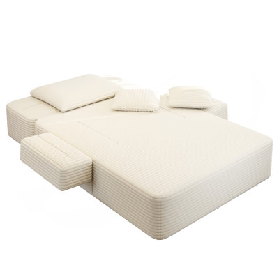 Luxueuse chaise longue en velours côtelé moelleux avec 3 coussins, canapé-lit convertible avec poche de rangement, conception sans cadre et mousse à compression pour les petits espaces, salon, appartement, beige et blanc