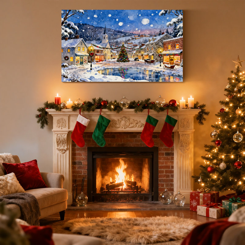 «Christmas Winter Village Christmas Scene Snowfall Night», ensemble de 3 impressions sur toile, H 12 po x l 18 po