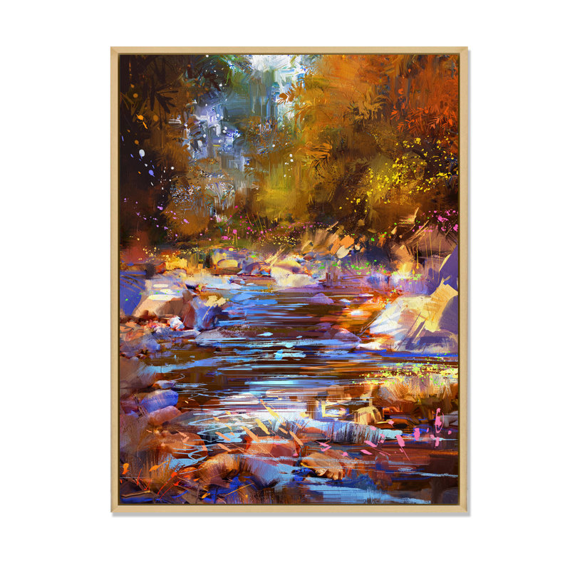 Fall River Lines with Stones in Forest - Peinture sur toile, H 32 po x l 24 po x P 1 po, Cadre flottant en érable