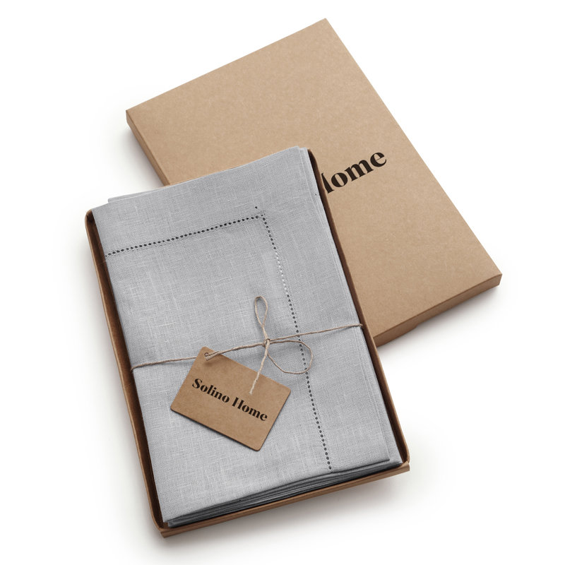 100% Pure Linen Hemstitch Dinner Napkins - Classic Hemstitch, Soft Grey