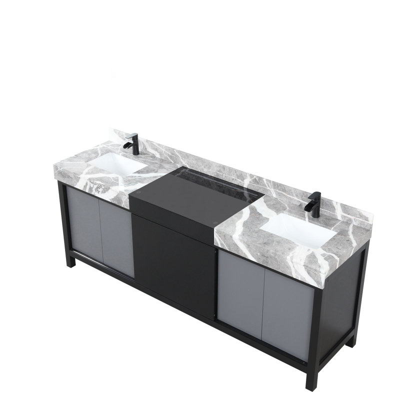 Zilara 84" Double Vanity with Castle Gray Marble Top and Black Faucet