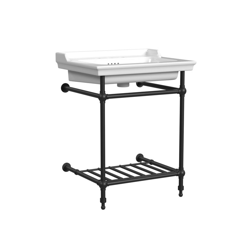 Lavabo de salle de bain rectangulaire en argile réfractaire blanc brillant avec trop-plein, Noir mat, Centres de 8 po