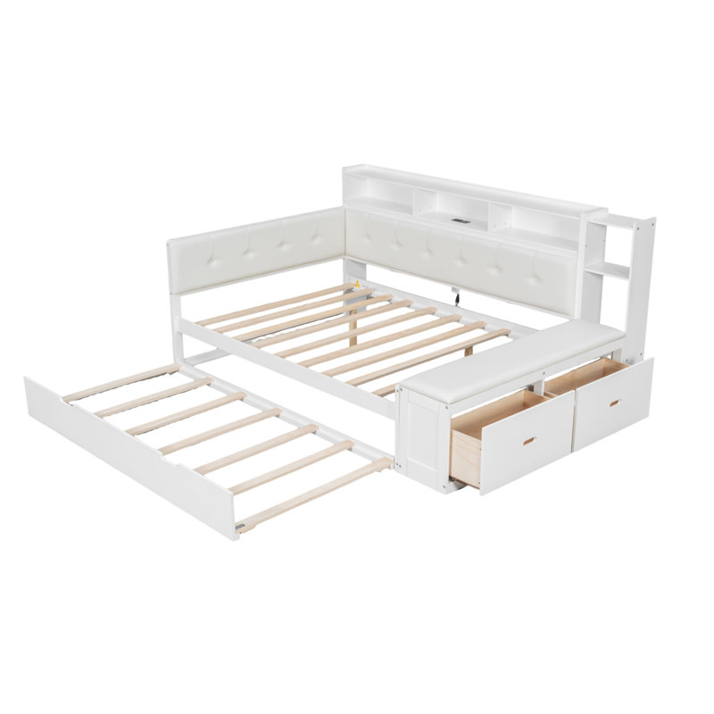 Full Size Wood Daybed with Trundle, Storage Shelves, Bench, Charging Station and Upholstered Headboard, White+Cream White Cushion