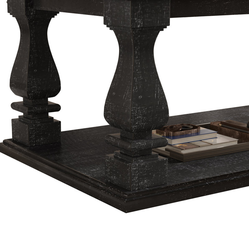 Table basse carrée de style campagnard de 120 cm avec tablette pour salon, noir antique, Noir antique