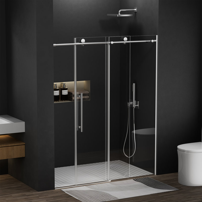 Porte de douche coulissante simple sans cadre de 56 à 60 po x H 75 po avec verre trempé transparent de 5/16 po (8 mm)