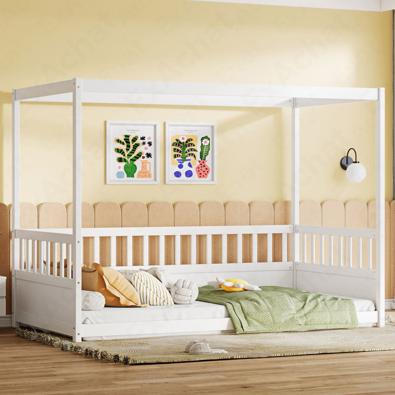 Twin Size Canopy Bed Frame With Guardrails For Kids,Floor Bed Twin With Four Poster Design,Kids Montessori Floor Bed,Wood Canopy Bed Frame For Girls,Boys(Twin,White)