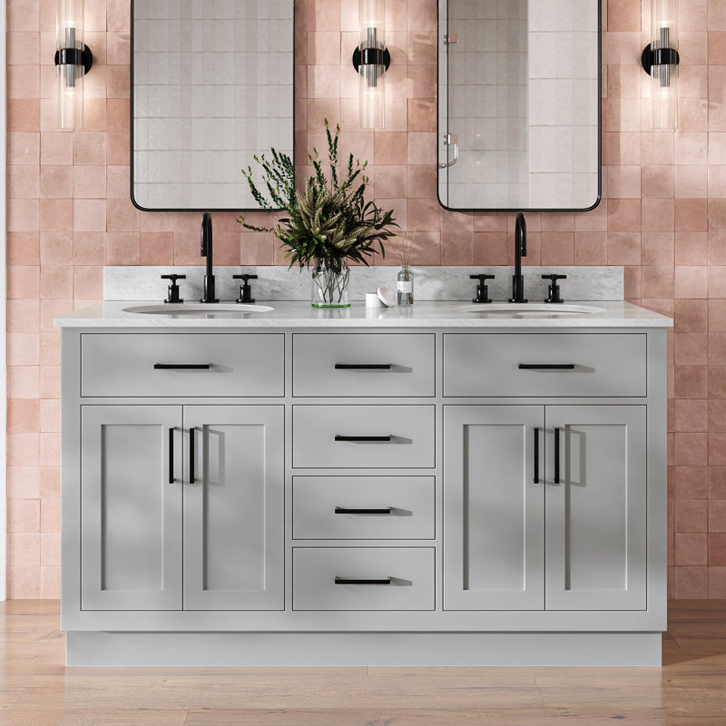 Meuble-lavabo double en bois massif 60 po avec lavabo en marbre de Carrare 0,75 po Jameal, gris, Ovale